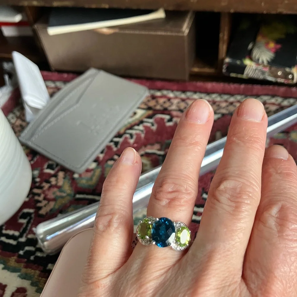 New! Geniune Tanzanite & Peridot SS Ring  w/ Diamond chip accent. - Picture 3 of 8